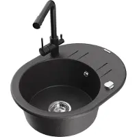 Mexen Kevin granieten gootsteen 1-komorige met afdruiprek en keukenmengkraan Duero, zwart gespikkeld - 6517-76-671600-70