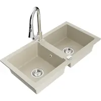 Mexen Mario granieten gootsteen 2-komor met keukenmengkraan Elia, beige - 6504-69-670101-00