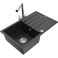Mexen Bruno granieten spoelbak 1-kompartiment met afdruiprek en keukenmengkraan Duero, zwart/goud metallic - 6513-75-671600-00