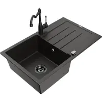 Mexen Bruno granieten spoelbak 1-kompaarts met afdruiprek en keukenkraan Carla, zwart/goud metallic - 6513-75-670700-70-B