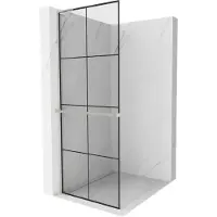 Mexen Kioto+ L douchewand met plank Walk-in 90 x 200 , zwart rooster, geborsteld nikkel - 800-090-123-97-77