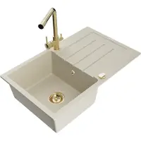 Mexen Bruno granieten gootsteen 1-komorige met afdruiprek en Duero keukenmengkraan, beige - 6513-69-671600-50