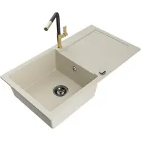 Mexen Leo granieten spoelbak 1-komers met afdruiprek en keukenmengkraan Flora, beige - 6501-69-670401-57-B