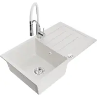 Mexen Bruno granieten spoelbak met 1 spoelbak, afdruiprek en keukenmengkraan Aster, wit - 6513-20-73450-02