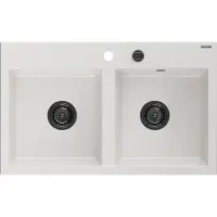 Mexen Hektor granieten gootsteen met 2 kamers 800 x 480 , wit, zwarte sifon - 6521802000-20-B