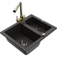 Mexen Carlos granieten spoelbak 1,5-komorige met keukenmengkraan Duero, zwart/goud metallic - 6518-75-671600-50-B