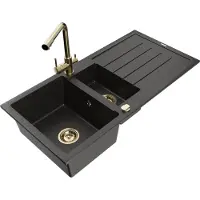 Mexen Andres granieten spoelbak 1,5-vaks met afdruipplaat en keukenkraan Duero, zwart/goud - 6515-75-671600-50