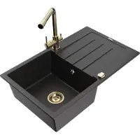 Mexen Bruno granieten spoelbak met 1 bak en afdruiprek en Duero keukenmengkraan, zwart/zilveren metallic - 6513-73-671600-50