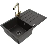 Mexen Bruno granieten spoelbak met 1 bak en afdruiprek en keukenmengkraan Duero, zwart/goud metallic - 6513-75-671600-50-B