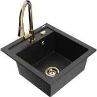 Mexen Vito granieten gootsteen met 1 bak en Elia keukenmengkraan, zwart/goud metallic - 6503-75-670101-50