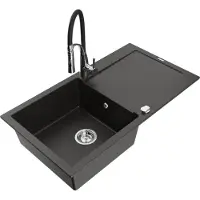Mexen Leo granieten gootsteen 1-komoers met afdruiprek en keukenmengkraan Aster, zwart/goud metallic - 6501-75-73450-07