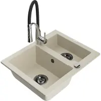Mexen Carlos 1,5-komorige granieten gootsteen met Astere keukenmengkraan, beige - 6518-69-73450-07-B