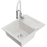 Mexen Enzo granieten gootsteen 1-comparteiment met afdruiprek en keukenmengkraan Aster, wit - 6506-20-73450-02