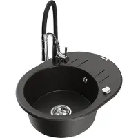 Mexen Kevin 1-komparty granieten spoelbak met afdruiprek en keukenmengkraan Aster, zwart/goud metallic - 6517-75-73450-07