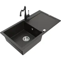 Mexen Leo granieten spoelbak met 1 bak en afdruiprek en keukenmengkraan Carla, zwart/gouden metallic - 6501-75-670700-70