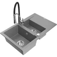 Mexen Gaspar granieten spoelbak 1,5-kamer met afdruiprek en keukenkraan Aster, grijs - 6507-71-73450-07