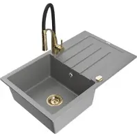 Mexen Bruno granieten spoelbak 1-komorige met afdruiprek en keukenmengkraan Aster, grijs - 6513-71-73450-57-G