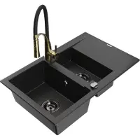 Mexen Gaspar granieten spoelbak 1,5-kompaarts met afdruiprek en keukenmengkraan Aster, zwart/zilver - 6507-73-73450-57-B