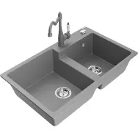 Mexen Tomas granieten spoelbak 2-kamer met keukenmengkraan Carla, grijs - 6516-71-670700-71