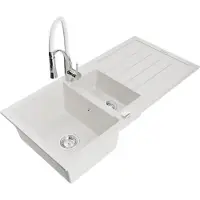 Mexen Andres granieten gootsteen 1,5-komora met afdruiprek en keukenkraan Aster, wit - 6515-20-73450-02