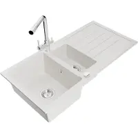 Mexen Andres granieten spoelbak 1,5-kamer met afdruiprek en keukenmengkraan Duero, wit - 6515-20-671600-00