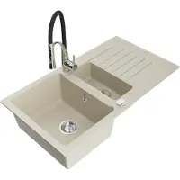 Mexen Matias granieten spoelbak 1,5-komers met afdruiprek en keukenmengkraan Aster, beige - 6502-69-73450-07