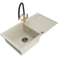 Mexen Leo granieten spoelbak 1-komors met afdruiprek en keukenmengkraan Duo, beige - 6501-69-671701-57-B