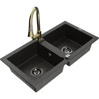 Mexen Mario granieten gootsteen 2-kamer met keukenmengkraan Elia, zwart/goud metallic - 6504-75-670101-50-B