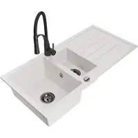 Mexen Andres granieten spoelbak 1,5-koer met afdruiprek en keukenmengkraan Aster, wit - 6515-20-73450-70-B