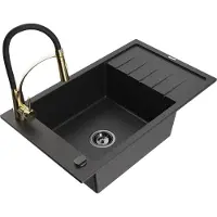 Mexen Elias granieten gootsteen 1-kamer met afdruiprek en keukenmengkraan Aster, zwart/zilver metallic - 6511-73-73450-57-B