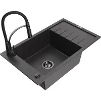 Mexen Elias granieten spoelbak 1-kompartment met afdruiprek en keukenmengkraan Aster, zwart gespikkeld - 6511-76-73450-70-B
