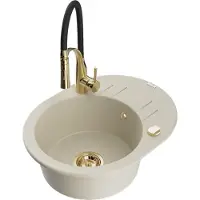 Mexen Kevin granieten spoelbak 1-komerig met afdruiprek en keukenkraan Aster, beige - 6517-69-73450-57-G