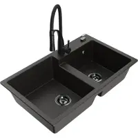 Mexen Tomas granieten spoelbak met 2 kamers en keukenmengkraan Aster, zwart/gouden metallic - 6516-75-73450-70-B