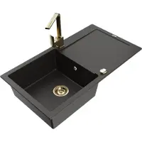 Mexen Leo granieten gootsteen 1-kompartment met afdruiprek en keukenmengkraan Rita, zwart/goud metallic - 6501-75-670300-50