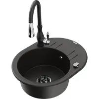 Mexen Kevin granieten spoelbak met 1 kom met afdruiprek en keukenmengkraan Savita, zwart/goud metallic - 6517-75-672601-70-B