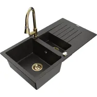 Mexen Matias granieten gootsteen 1,5-komor met afdruiprek en keukenkraan Elia, zwart/gouden metallic - 6502-75-670101-50