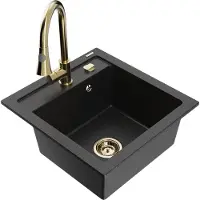 Mexen Vito granieten spoelbak 1-komer met keukenmengkraan Elia, zwart/zilver metallic - 6503-73-670101-50