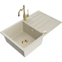 Mexen Bruno granieten gootsteen 1-kompartement met afdruiprek en keukenmengkraan Carla, beige - 6513-69-670700-50