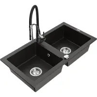 Mexen Mario granieten gootsteen met 2 koen en keukenmengkraan Aster, zwart/goud metallic - 6504-75-73450-07