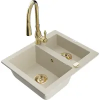 Mexen Carlos granieten gootsteen 1,5-komor met keukenmengkraan Savita, beige - 6518-69-672601-50