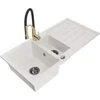 Mexen Andres granieten spoelbak 1,5-komor met afdruiprek en keukenmengkraan Aster, wit - 6515-20-73450-57-B