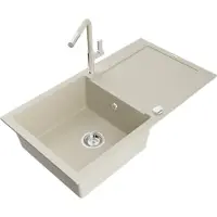 Mexen Leo granieten gootsteen met 1 bak met afdruiprek en Flora keukenkraan, beige - 6501-69-670401-09