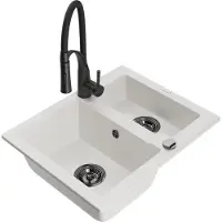 Mexen Carlos granieten gootsteen 1,5-komorige met keukenmengkraan Aster, wit - 6518-20-73450-70-B