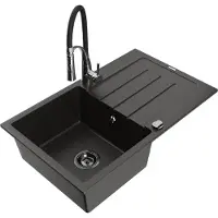 Mexen Bruno granieten gootsteen 1-bak met afdruiprek en keukenmengkraan Aster, zwart/goud metallic - 6513-75-73450-07-B