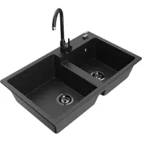 Mexen Tomas granieten spoelbak met 2 compartimenten en Telma keukenkraan, zwart/zilver metallic - 6516-73-670200-70-B