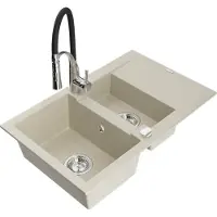 Mexen Gaspar granieten spoelbak 1,5-komor met afdruipplaat en keukenmengkraan Aster, beige - 6507-69-73450-07