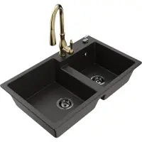 Mexen Tomas granieten gootsteen 2-kamer met keukenkraan Savita, zwart/goud metallic - 6516-75-672601-50-B