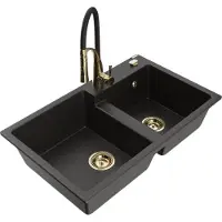 Mexen Tomas granieten spoelbak met 2 koen en keukenkraan Aster, zwart/goud metallic - 6516-75-73450-57-G