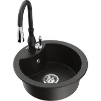 Mexen Diego granieten gootsteen 1-komorig met keukenmengkraan Savita, zwart/goud metallic - 6512-75-672601-70