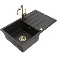 Mexen Bruno granieten spoelbak met 1 bak, afdruiprek en keukenmengkraan Carla, zwart/goud metallic - 6513-75-670700-50